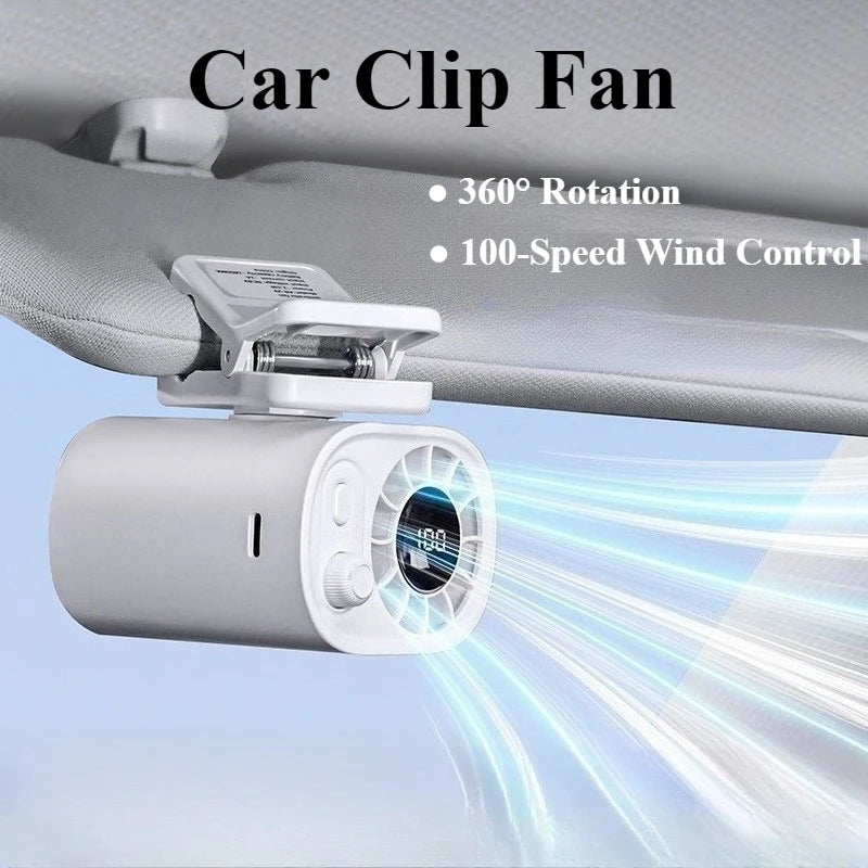 Portable Car Clip Fan 360° Rotatable 100 Speed Wind 12V USB Rechargeable Electric Fan Low Noise Mini Fan Clamp Anywhere